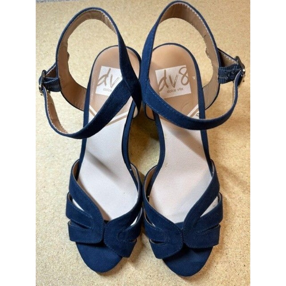 DV8  Dolce Vita Womens Navy Blue Suede Gold Metallic Cork Wedge Sandals Size 7.5